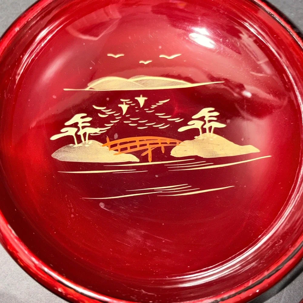3 Vtg Japanese Lacquerware Salad Bowls Cinnabar Red Gold Chinoiserie Landscape